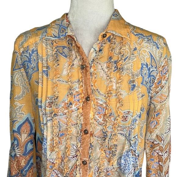 Anthropologie Aratta Silent Journey Peach & Blue Paisley Velvet Trim Blouse - S - Picture 3 of 13